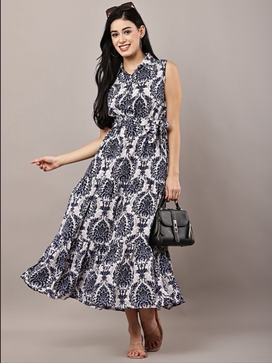 Women's Royal Blue Paisley Print Fit & Flare Maxi Dress with Front Cut-Out and Lace-Up Back